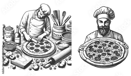 Pizza Chef Set collection bundle sketch engraving generative ai vector illustration. Scratch board imitation. Black and white image.