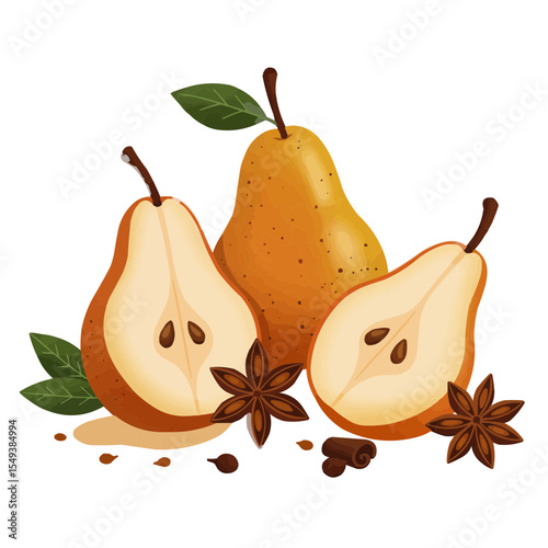 Baked pears with spices and anise on a white background  