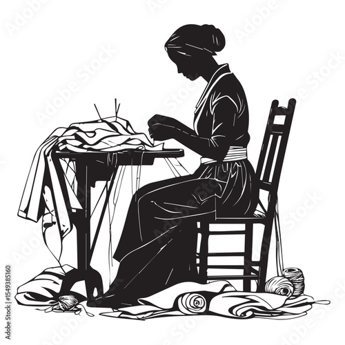 Silhouette of a woman sewing at a table with fabric and thread