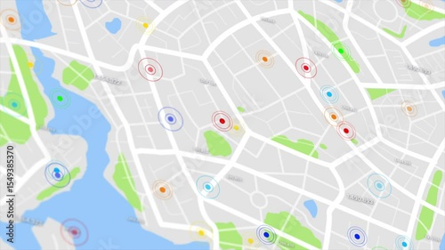 3D rendering a map of the community town with roads and alleys with circles indicate the destinations with random numbers 