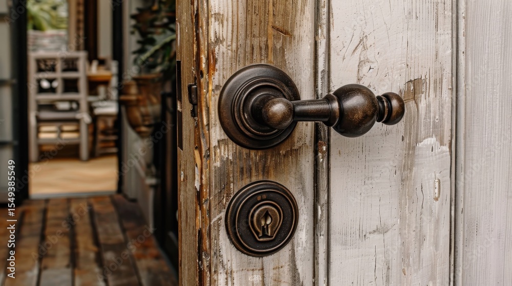 Obraz premium A close-up of a weathered wooden door featuring a vintage knob and a classic keyhole, highlighting the charm and history of aged materials in a cozy interior space.