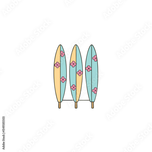 stylish surfboard rack with pastel boards and floral accents Vector illustration