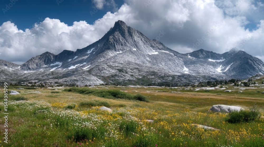 Fototapeta premium Isolated granite peak rising above alpine tundra blanketed in wildflowers