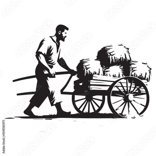 Monochrome Silhouette of a Farmer Pushing a Cart Full of Hay