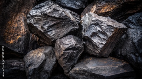 Jagged volcanic basalt rocks with rough textured surfaces piled against a dark moody backdrop