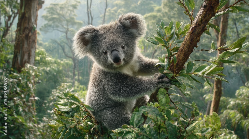 Fototapeta premium Koala clinging to eucalyptus branch in misty bush, softly blurred green leaf canopy under soft light