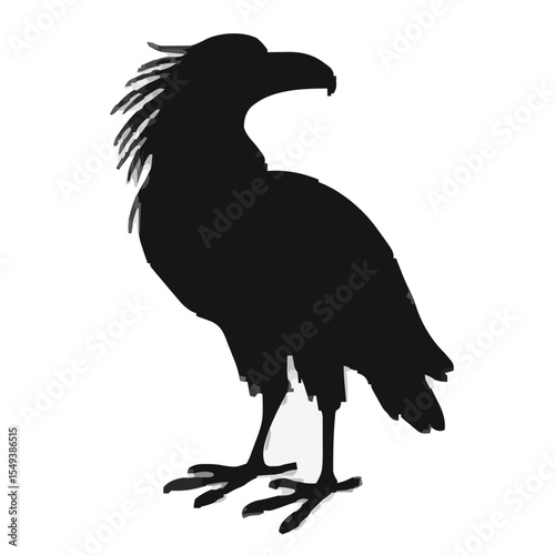 This black silhouette of an eagle, with a prominent crest and powerful stance, stands against a white background. Ideal for wildlife art, nature designs, or vector graphics.