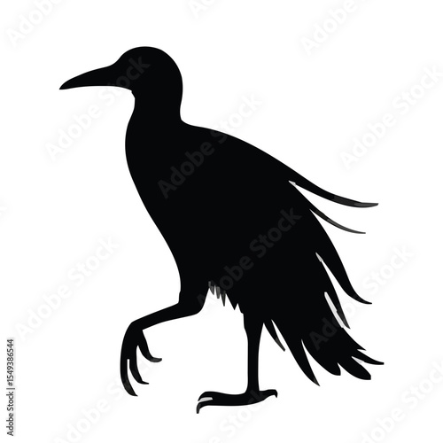 This black silhouette of a crow, with detailed wings and a sturdy stance, stands against a white background. Perfect for wildlife art, nature designs, or vector graphics.