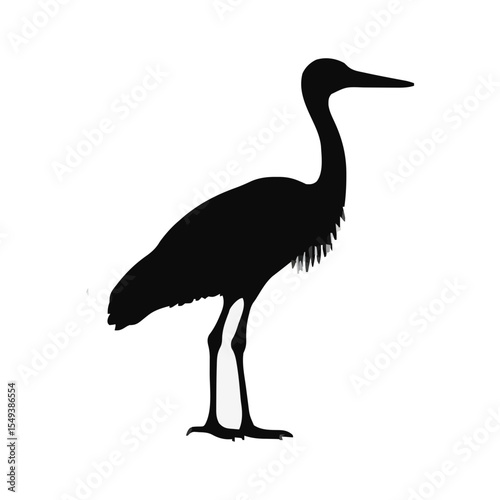 This black silhouette of a heron, featuring a long neck and legs, stands elegantly against a white background. Ideal for wildlife art, nature designs, or vector graphics.