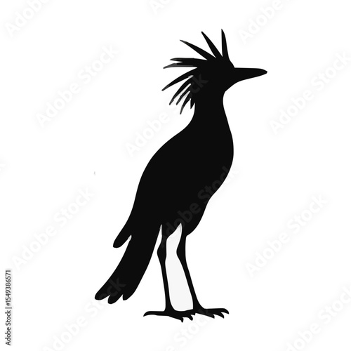This black silhouette of a bird with a distinctive crest, likely a roadrunner, features a sleek profile against a white background. Perfect for wildlife art, nature designs, or vector graphics.