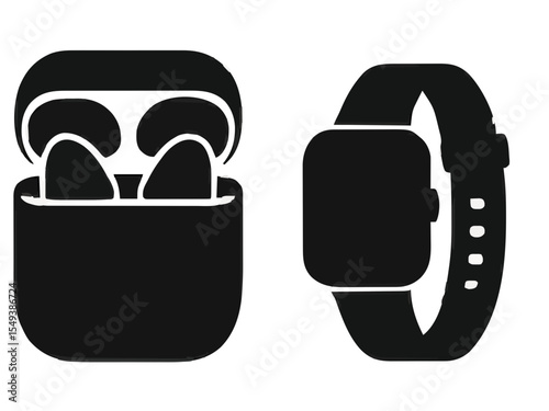 A sleek icon set featuring wireless earbuds in a case and a smartwatch with a strap. Ideal for tech illustration, wearable tech.