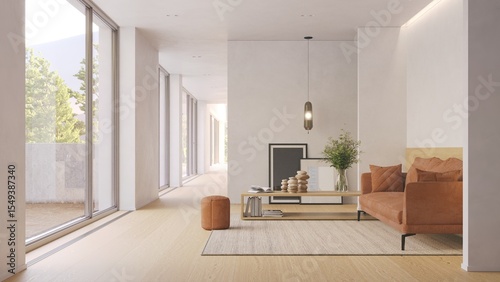 Living room with a modern minimalistic interior design and large panoramic window. Spacious bright apartment concept for home.