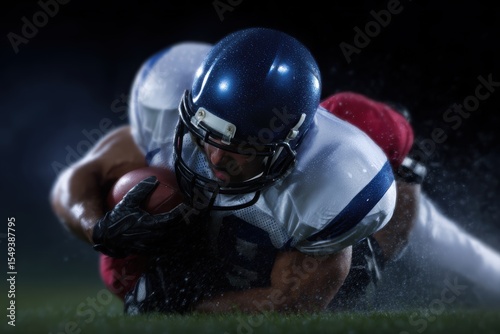 Football player tackling an opponent in a dramatic moment