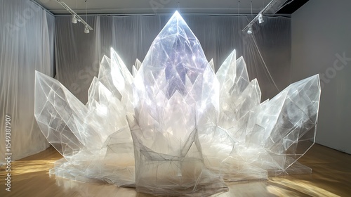 Translucent crystal formation glows in an art gallery exhibit display space