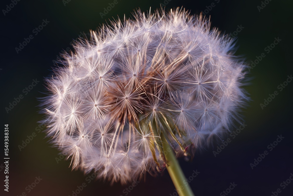 Fototapeta premium Close-up of a dandelion seed head with tiny filaments illuminated by sunlight