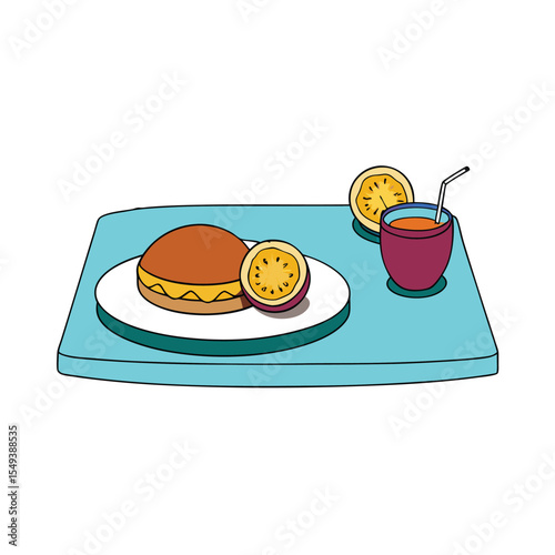 tropical poolside breakfast with pancakes and passionfruit Vector illustration