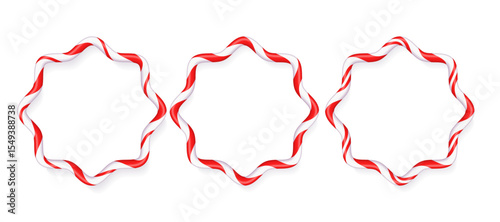 Curly wavy empty frames in the form of Christmas candy striped cane, place for text. Holiday banner. Vector illustration isolated, on white background