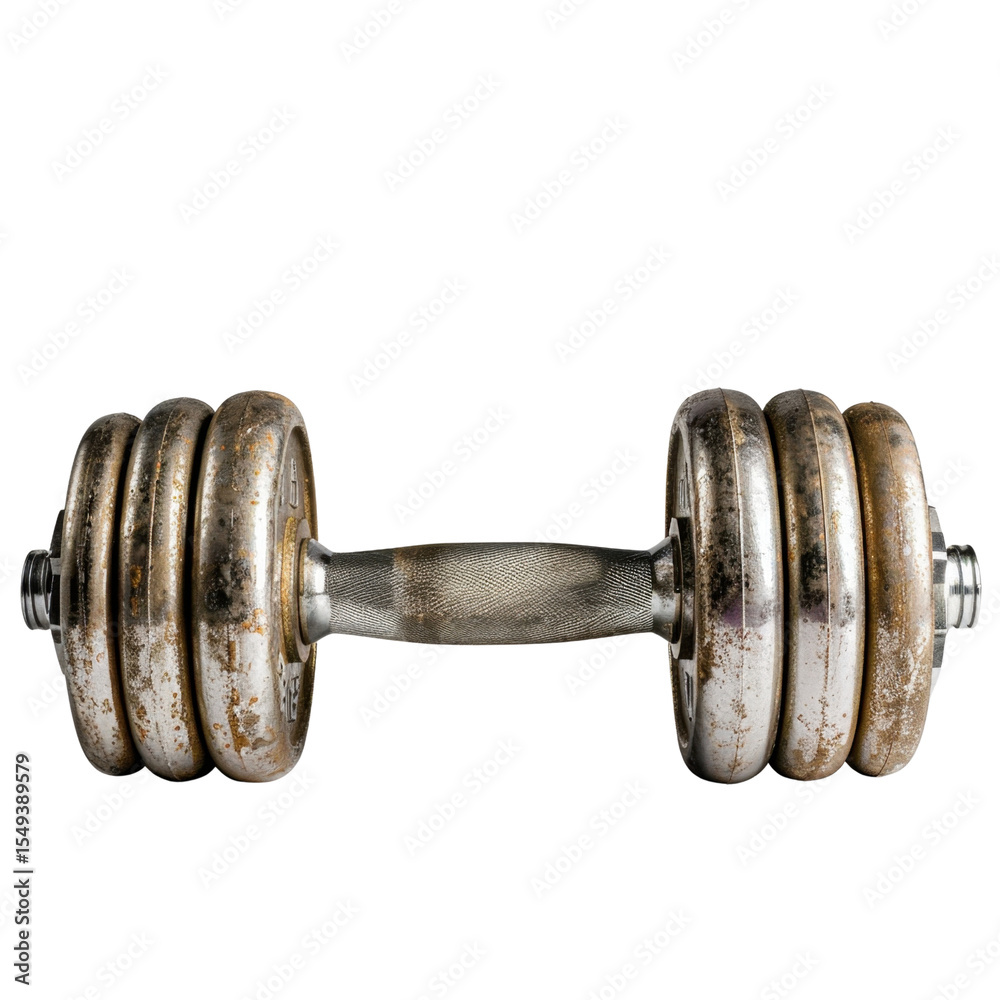 Fototapeta premium Vintage dumbbell with rusty finish and textured grip, perfect for fitness enthusiasts and gym settings