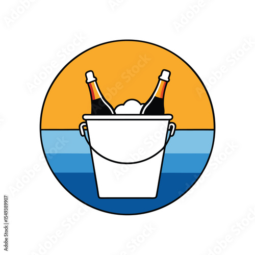 champagne bottles in ice bucket with sunset beach backdrop Vector illustration