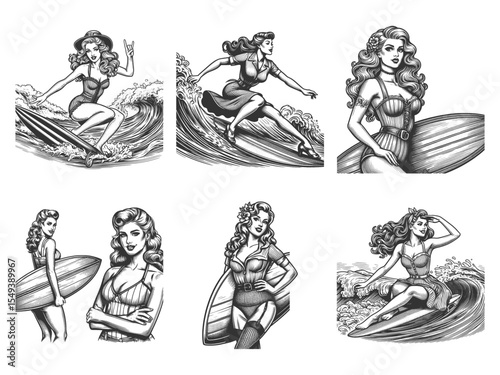 pin-up girl surfing scenes, retro fashion, and nostalgic summer beach vibes Set collection bundle sketch engraving generative ai vector illustration. Scratch board imitation. Black and white image.