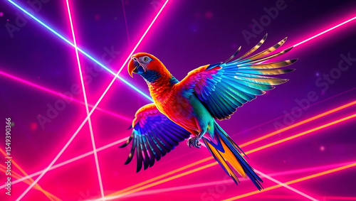 Neon Parrot Flying Through Laser Sky