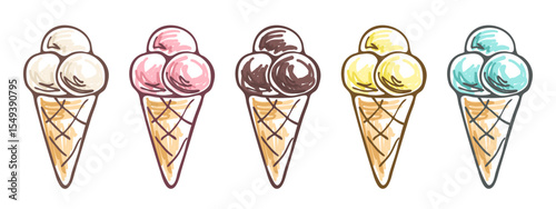 Hand drawn ice cream isolated on white. Three multi colored balls in waffle cone, doodle sketch or scribble drawing. Vanilla, strawberry, chocolate and mint gelato scoops, vector clipart.