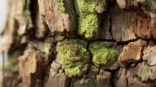 Macro close-up of rugged oak tree bark showing deep fissures and green lichen patches under diffused light