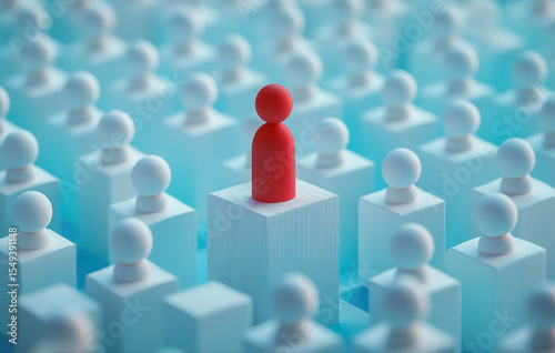 A single red figure stands out amongst many white figures on light blue blocks