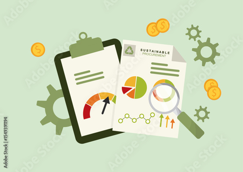 Sustainable Procurement Analytics Dashboard Report Concept. Green business reporting. Flat style. Ethical consumerism concept. Sustainable purchasing concept. Business practices. Vector illustration