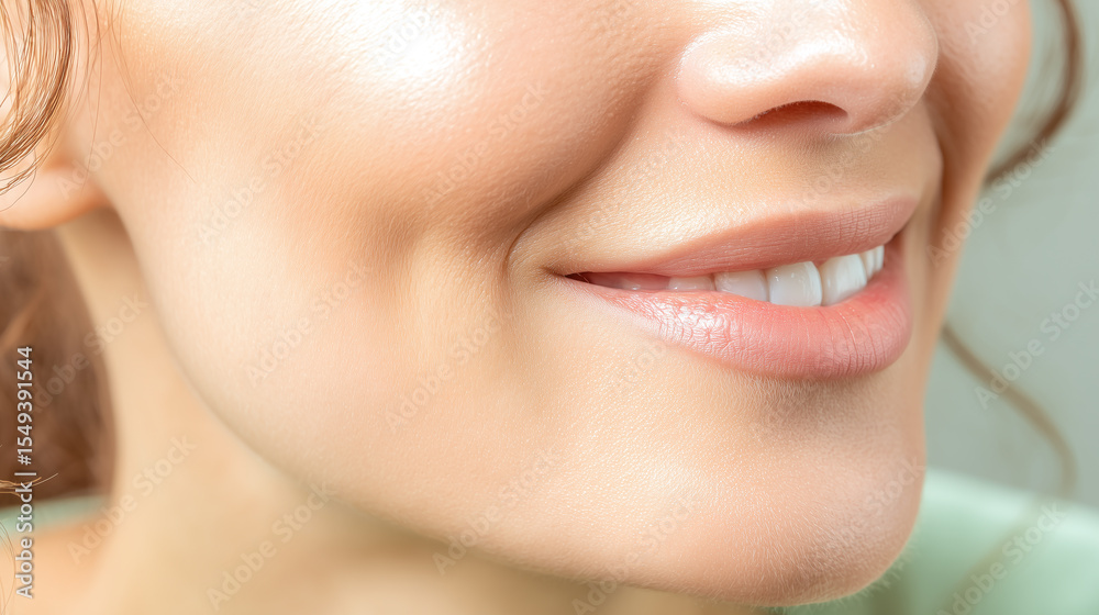 Obraz premium Soft close up of smiling woman cheek and lips showing smooth skin texture and natural beauty with gentle expression and subtle pastel tones enhancing warm mood