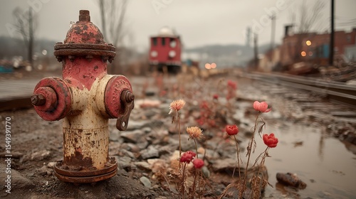 Dilapidated Fire Hydrant with Flowers and Train Car in Postindustrial Environment