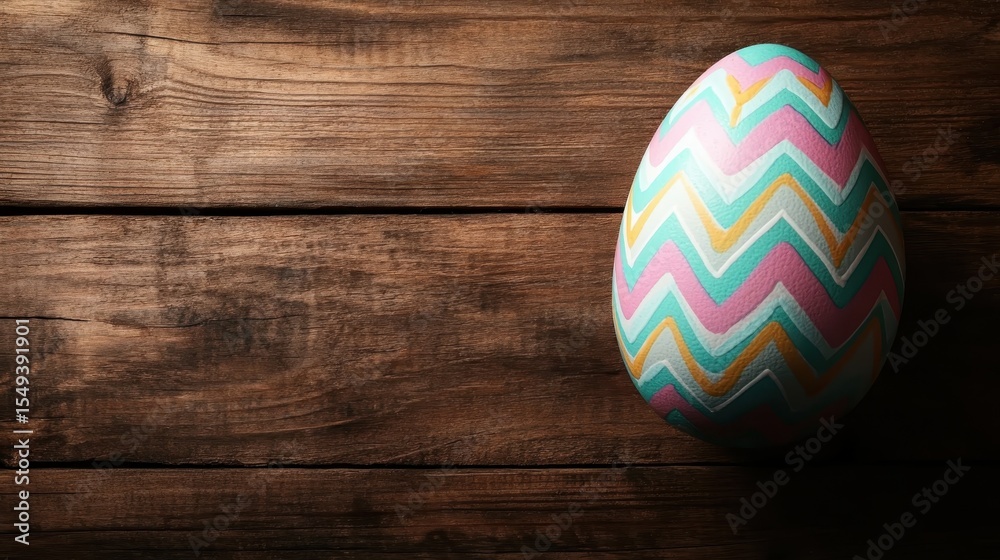 Fototapeta premium A beautifully decorated Easter egg featuring vibrant chevron patterns rests on a rustic wooden table, symbolizing the festive spirit of celebration and renewal during spring.