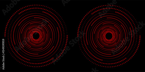 Set of Spiral Dotted Graphic Elements in Red Tones. Geometric Vector Frames on Black Background.