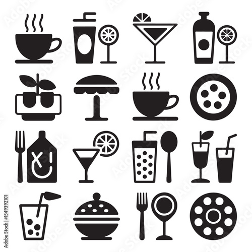 Modern Food and Beverage Icons Black Silhouette Vector for Menu and Forgiveness Theme