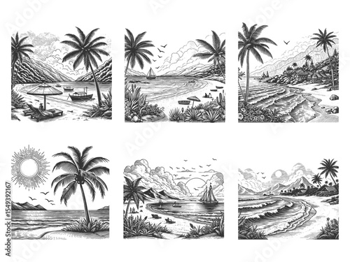 Beach Landscape Set collection bundle sketch engraving generative ai vector illustration. Scratch board imitation. Black and white image.