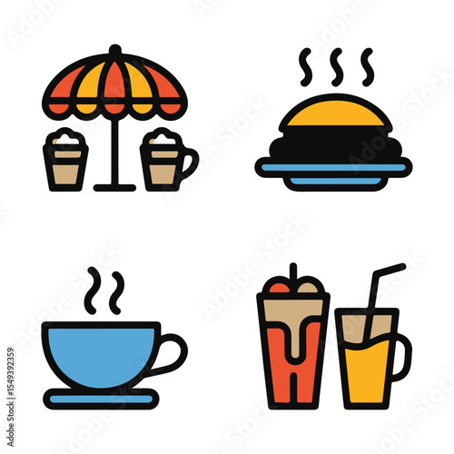 Colorful Food and Drink Icons Fun Vector Set for Menu and Forgiveness Illustration