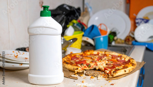 Untidy kitchen scene with pizza leftovers and dirty dishes. Concept for housework, cleaning, and everyday life challenges. Metaphor for overwhelmed or procrastination.