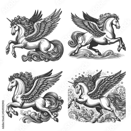 Winged Unicorn Pegasus Set collection bundle sketch engraving generative ai vector illustration. Scratch board imitation. Black and white image.