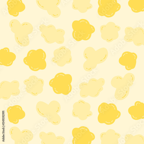 Seamless cartoon popcorn pattern with hand-drawn, irregular shapes in soft yellow tones. Suitable for snack packaging, textile design, or children’s backgrounds.