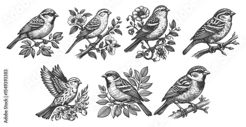 Sparrow Bird Set collection bundle sketch engraving generative ai vector illustration. Scratch board imitation. Black and white image.