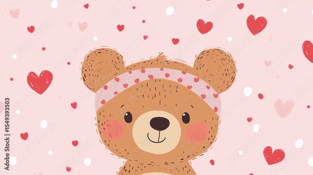 Obraz premium Cute cartoon bear with heart-patterned headband on pink background