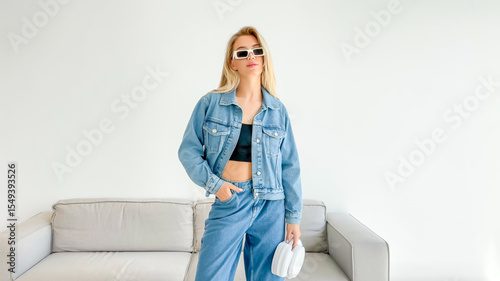 A fashion photography shot of a young woman in a casual denim outfit against a plain white background