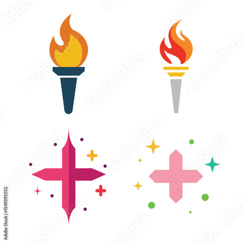 Colorful torch and cross icons set design