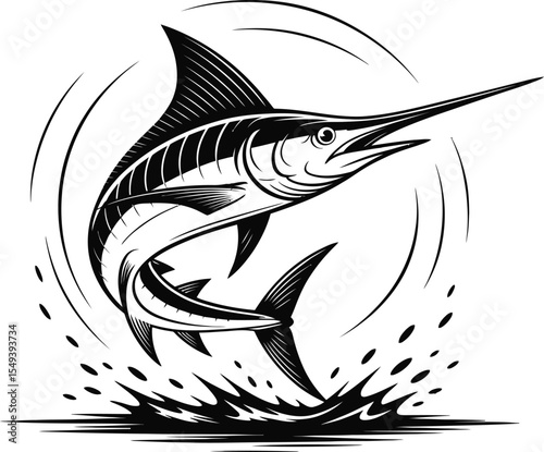 Striking Black and White Marlin Illustration A Powerful Ocean Predator Design