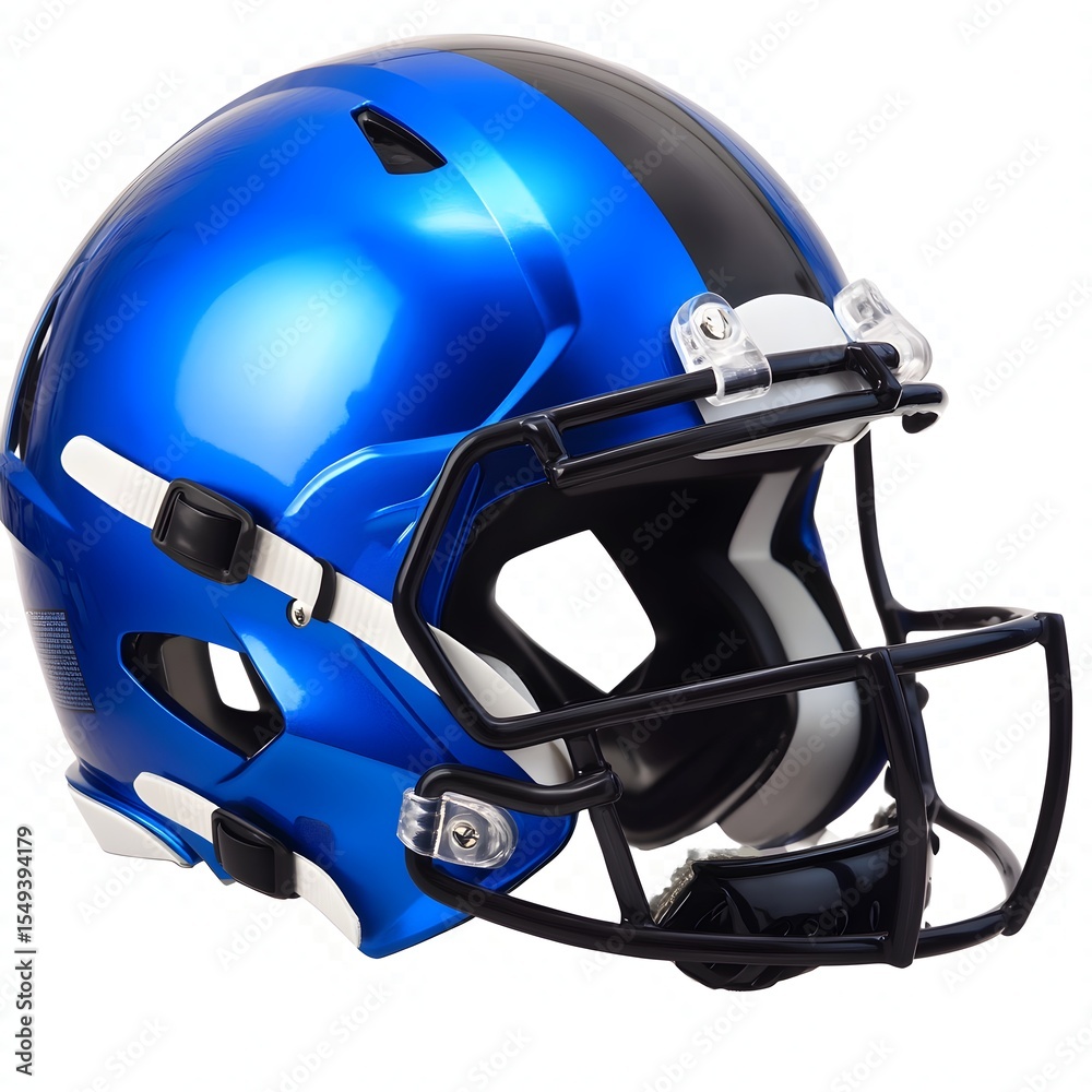 Fototapeta premium Modern, reflective blue football helmet with a bold central black stripe, isolated on white, a high-resolution sporting apparel