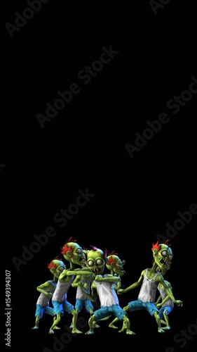 Seamless vertical video of a group of zombies dancing thriller isolated with copyspace. Funny cartoon character for Halloween background.