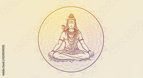 Illustration of a deity in a meditative pose, seated within a circular mandala on a gradient background.