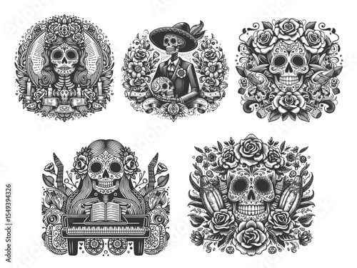 Day of the Dead Skull Set collection bundle sketch engraving generative ai vector illustration. Scratch board imitation. Black and white image.