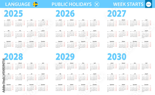 Calendar in Swedish language for year 2025, 2026, 2027, 2028, 2029, 2030. Week starts from Monday.