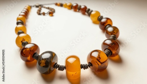 Elegant amber bead necklace with polished stones on a light background
